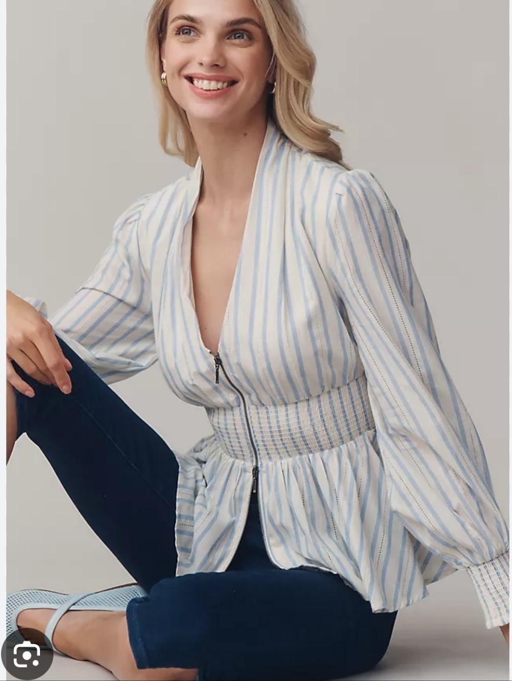 Maeve The Tommie Long-Sleeve Smocked Front-Zip Blouse Small Striped Peplum Hem